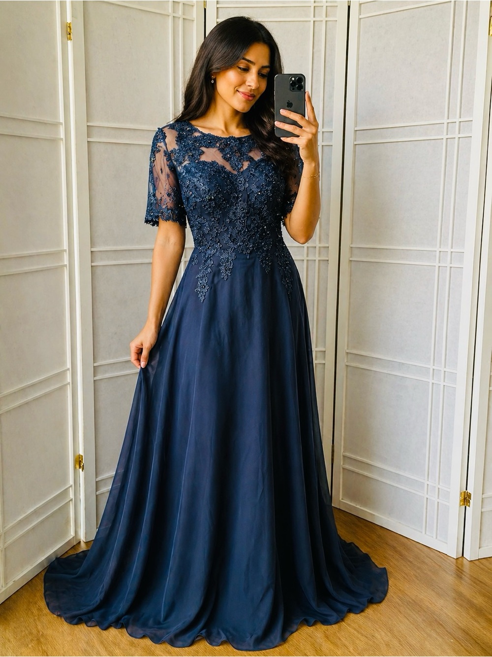 Elegant Navy Lace A-Line Evening Dress